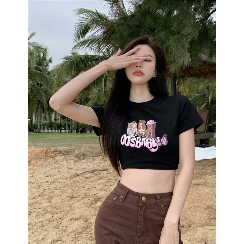 QKOOLE  Áo Thun Nữ Ngắn Tay In Chữ Kiểu Hàn Quốc