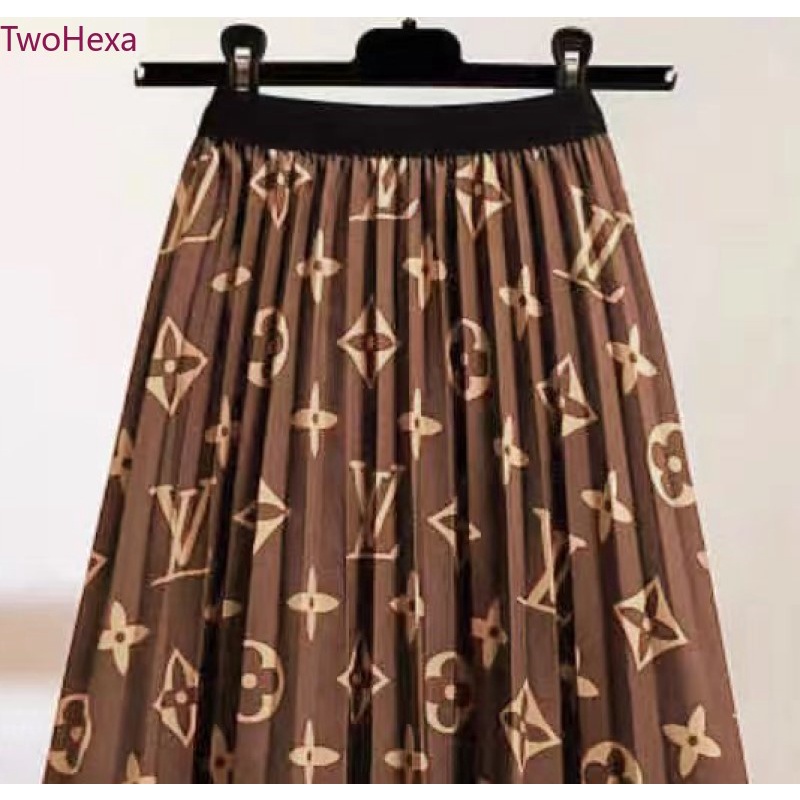 Chân Váy Midi Lưng Thun Xếp Ly In Chữ Màu Nâu Thời Trang Mới Năm 2022 Cho Bạn Gái