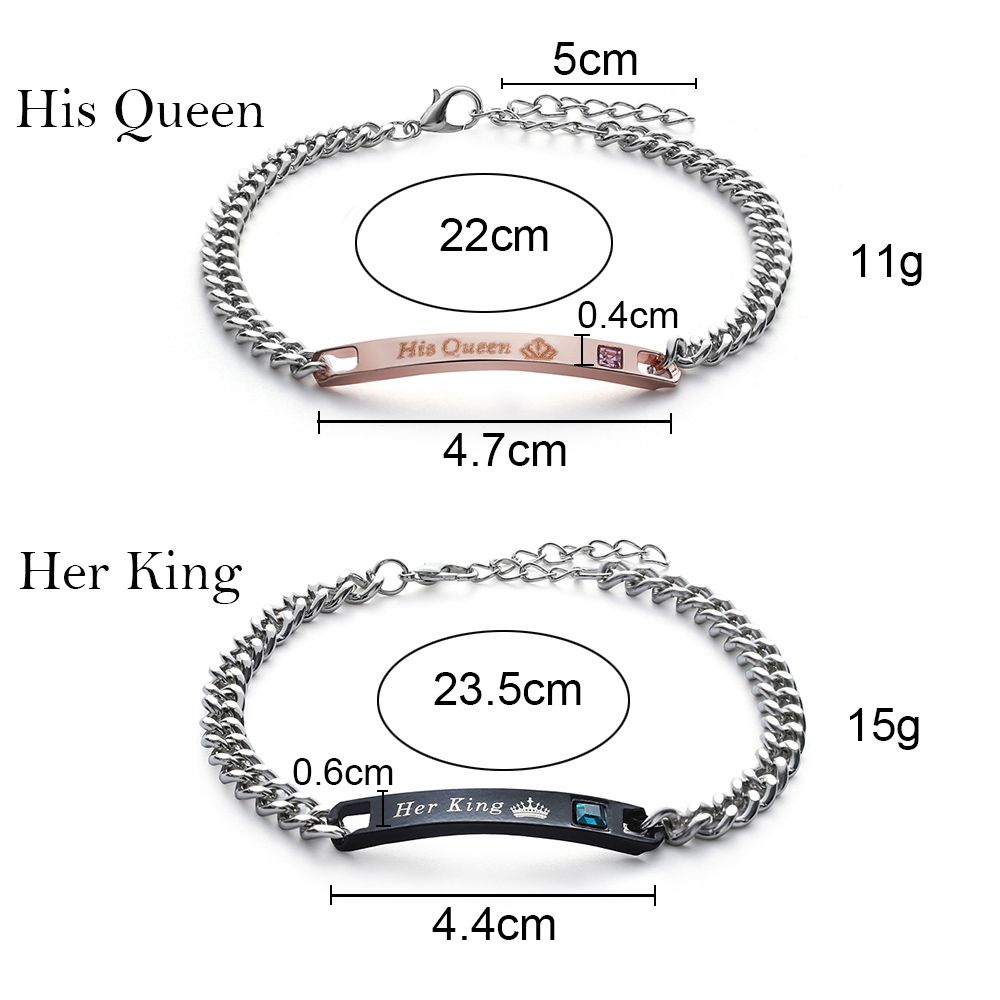 CLEVER Vòng tay kiểu cặp đôi bằng thép không gỉ khắc chữ Her King/ His Queen thời trang dành cho nam nữ