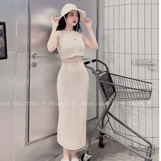 Set len áo croptop cột dây eo sát nách+ chân váy ôm dáng dài!