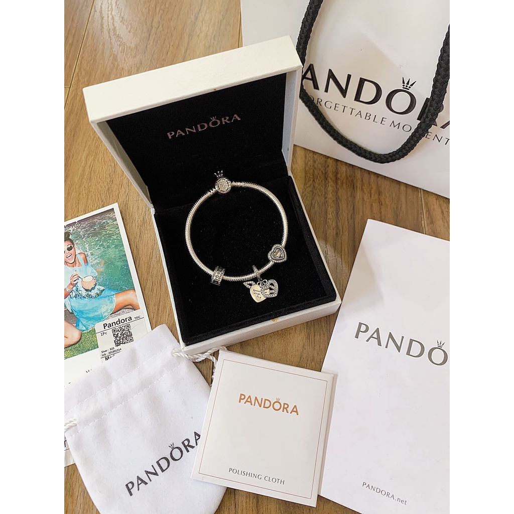 Combo ưu đã Vòng Pandora chốt vương miện kèm 3 charm như hình