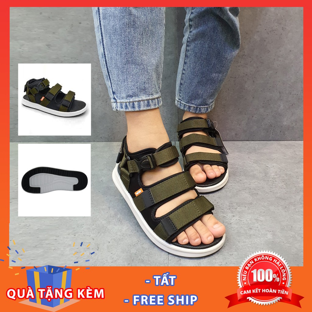 Sandal Vento chính hãng nam nữ SD-NB03 màu rêu Kaki 3 quai ngang, Dép quai hậu đi học khóa bấm tiện lợi