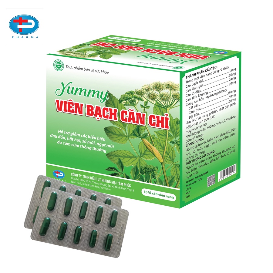 Viên Nang Yummy Viên Bạch Căn Chỉ TÂM PHÚC PHARMA Hỗ Trợ Giảm Đau Đầu Sổ Mũi Ngạt Thở Do Cảm Cúm Thông Thường