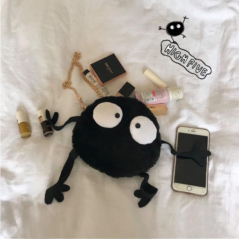 Túi Đeo Vai Vải Canvas Màu Đen Họa Tiết Bùi Nhùi 3 Kiểu Dễ Thương Cho Nữ