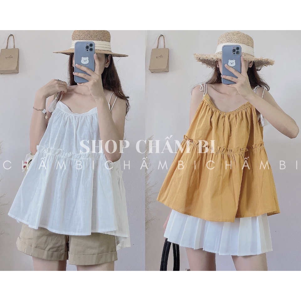 Áo hai dây nữ A.235, Áo babydoll dáng xòe thắt dây nơ chuông cổ yếm bèo ngực style Hàn Quốc