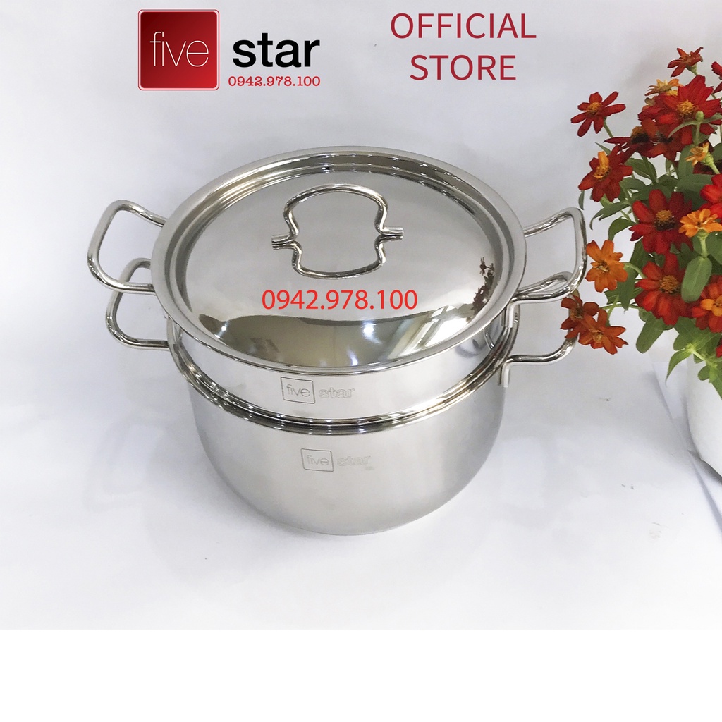 Bộ nồi xửng hấp inox 430 Fivestar Standard  3 đáy bếp từ nắp inox ( 24cm / 26cm ), tặng 2 vá canh