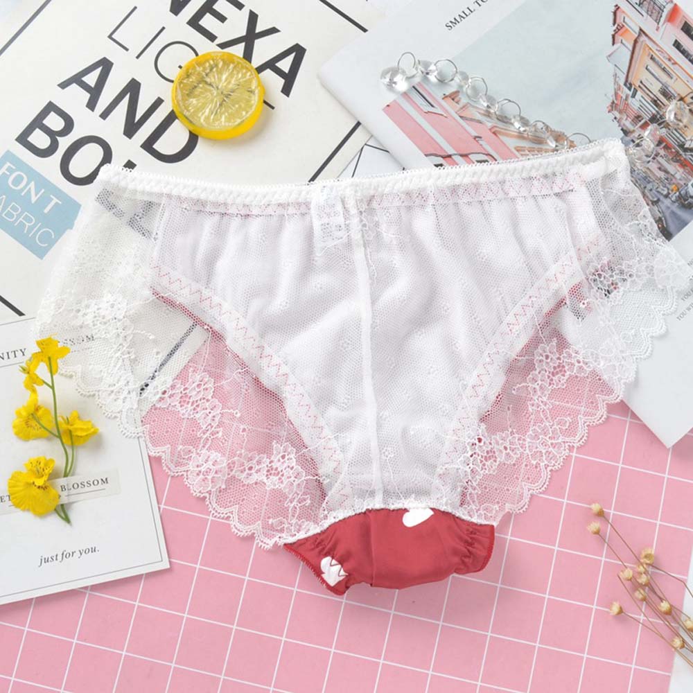 Quần Lót Nữ Vải Satin Phối Ren In Hình Trái Tim Xinh Xắn