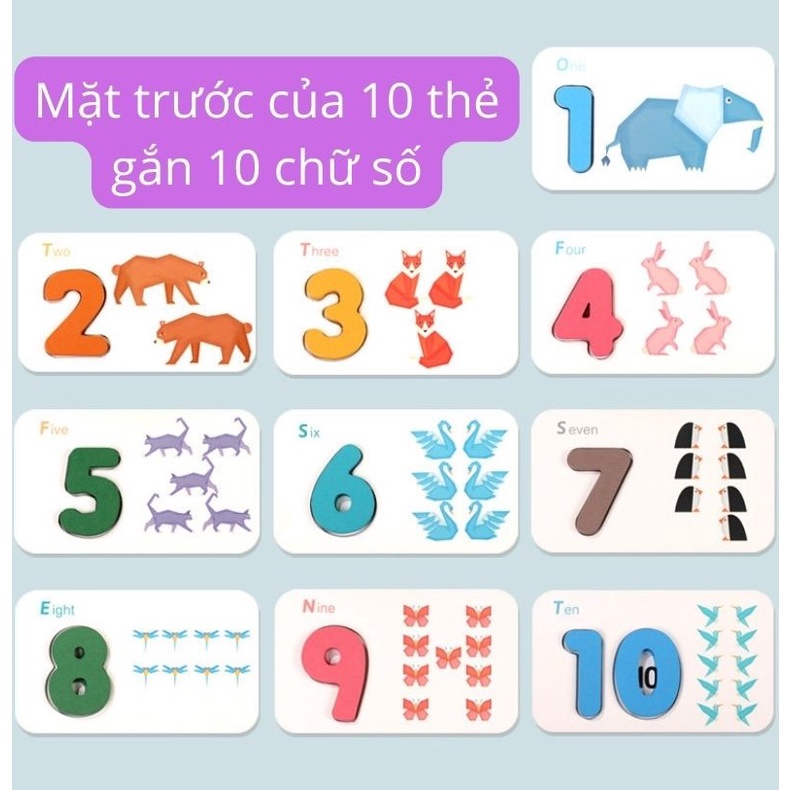 Bảng chữ cái cho bé kèm số bộ 26 chữ cái và 10 số bằng gỗ gắn nổi lên thẻ 3d có in hình con vật có hình dạng tương tự