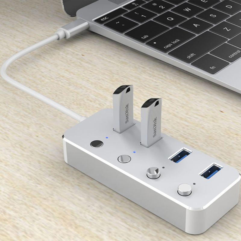 Aluminum 4Port USB 3.0 Hub High Speed USB Splitter with Individual On/Off Switch