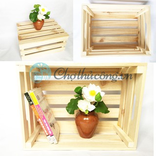 Thùng gỗ Pallet size M D40xR30xC18cm đựng đồ, trang trí homestay, Kệ decor đa năng gỗ thông mới