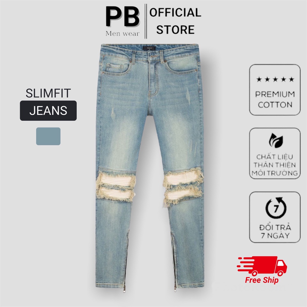 Quần Jean Bò Nam Wash Mài Bạc Rách Nhăn Gối Phối Khoá Ống Phong Cách Streetwear QJ43P