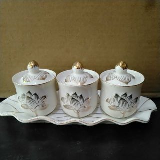 Bộ 3 ly cúng có nắp đậy hoa sen bạch ngọc