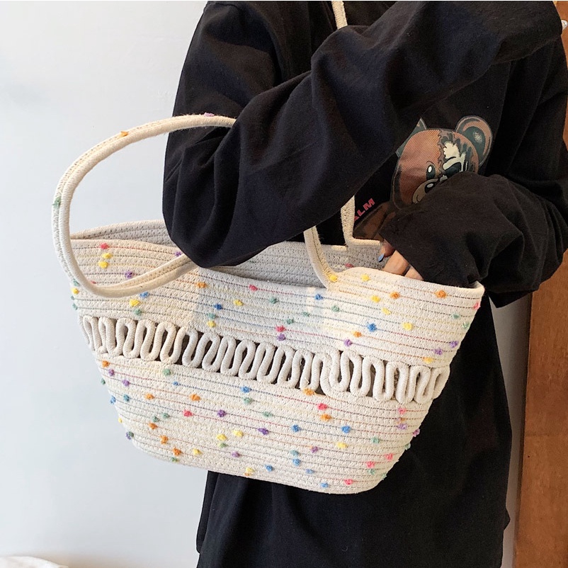 Túi xách nữ công suất lớn mới Túi đeo vai rỗng đơn giản thời trang Túi tote vải lanh cotton Hàn Quốc