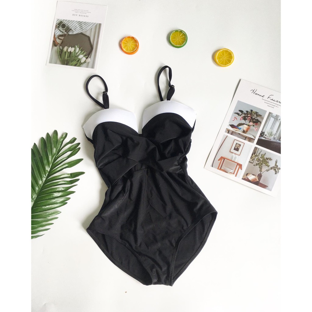 Bikini cúp ngực xoắn đen phối trắng ( kèm hình thật)