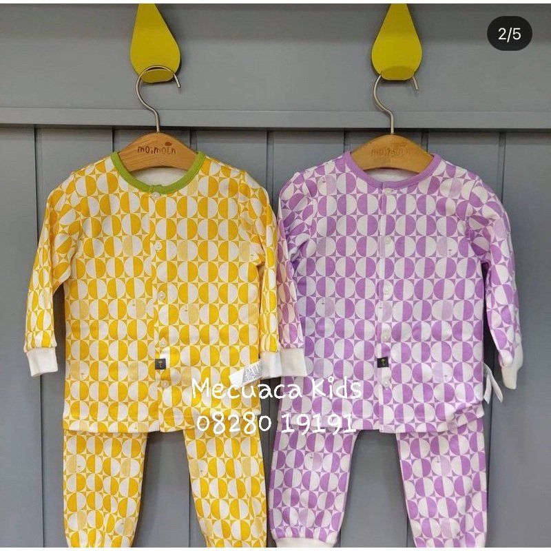 [130] Bộ ngủ mặc nhà cotton dài tay cho bé trai bé gái xuất Hàn dư xịn Moimoln họa tiết tròn màu vàng và tím