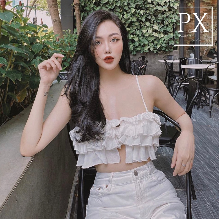 Áo 2 Dây Croptop Bèo 4 Tầng Nút Gỗ (TRẮNG)