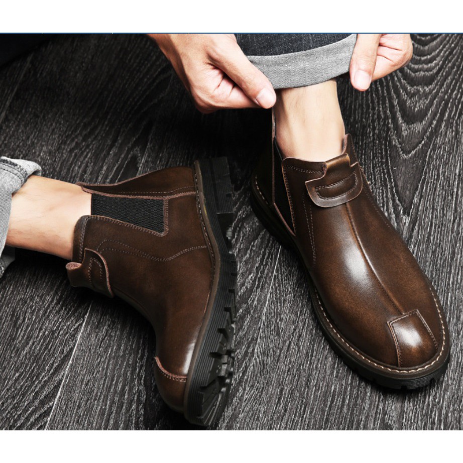 Giày da bò nam đế cao không dây, giày da bò thật cổ lửng dòng chelsea boot đế cao su đúc chống trơn tăng chiều cao