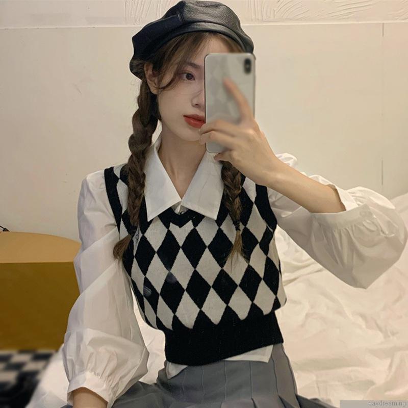 Áo Sweater Dệt Kim Không Tay Cổ Chữ V Dáng Rộng Phong Cách Preppy Thời Trang Mùa Thu Cho Nữ