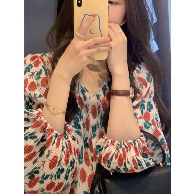 Áo Sơ Mi Hoa Tay Dài Phồng Xếp Ly Phong Cách Pháp Dành Cho Nữ