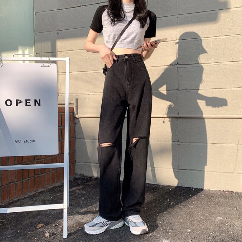 [HOT] [60-90KG] Quần jean suông nữ Bigsize, màu đen, quần bò ống rộng phong cách ulzzang Hàn Quốc