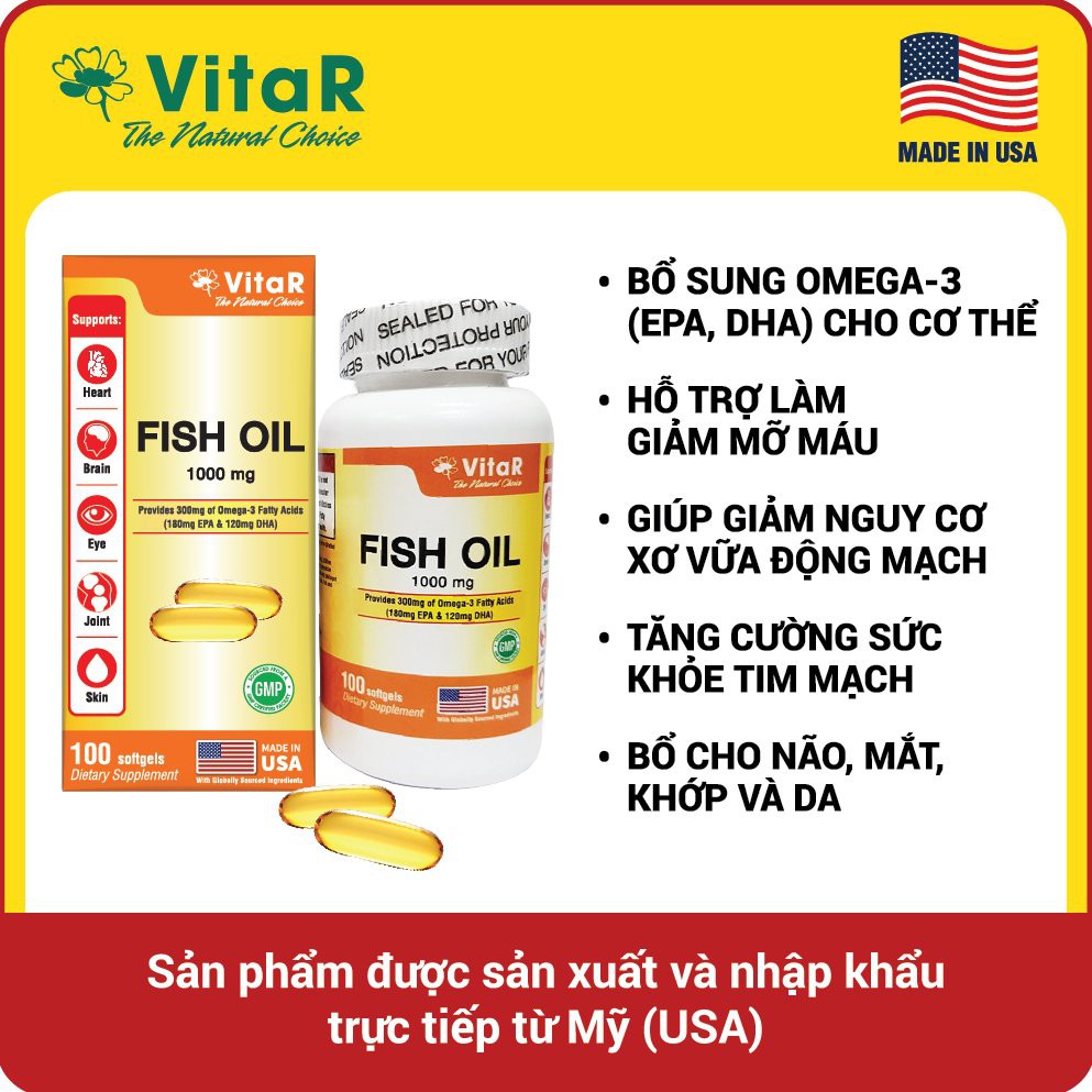 VIÊN DẦU CÁ VITAR FISH OIL 1000MG - HỘP 100 VIÊN - Bổ sung Omega-3, DHA và EPA - TPBVSK