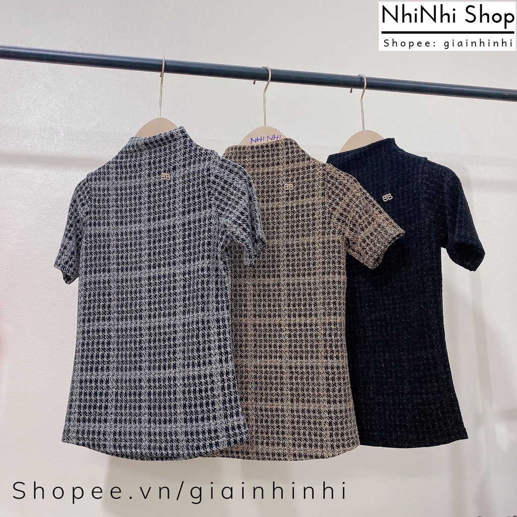 Áo nhũ kẻ cổ cao 3P dáng ôm ngắn tay, Áo kiểu cổ leo tag cài rời AN5211 - NhiNhi Shop