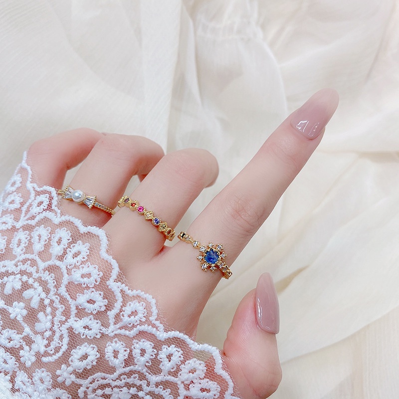 Nhẫn đính đá zircon ngọc trai hình nơ nhiều màu sắc phong cách Pháp