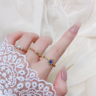 Nhẫn đính đá zircon ngọc trai hình nơ nhiều màu sắc phong cách Pháp