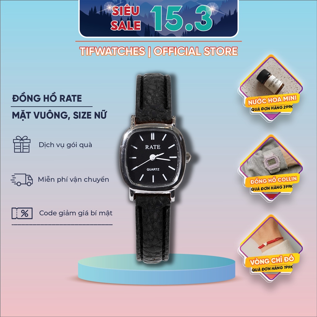 Đồng hồ nữ dây da mặt vuông RATE full black đồng hồ nữ mặt nhỏ chính hãng Watchesbytif size 22mm đẹp giá rẻ chống nước | BigBuy360 - bigbuy360.vn