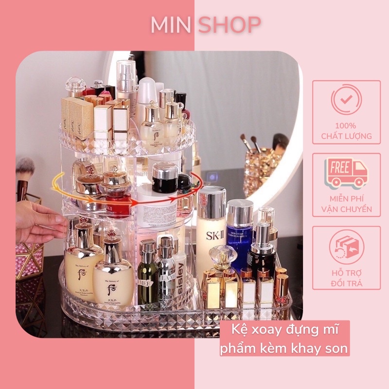 KỆ ĐỰNG MỸ PHẦM XOAY 360 ĐỘ KÈM KHAY SON CHẤT LIỆU MIKA CAO CẤP- TUỲ CHỈNH