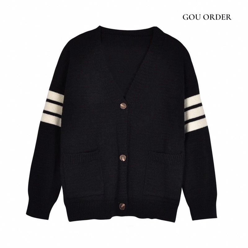 Áo Khoác Cardigan Len Hoạ Tiết Kẻ Ngang Ống Tay Phong Cách Hàn Quốc
