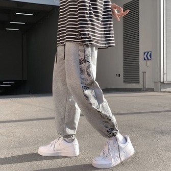 Quần Thể Thao Ống Suông Phối Dây Rút In Họa Tiết Phong Cách Hip Hop Hàn Quốc