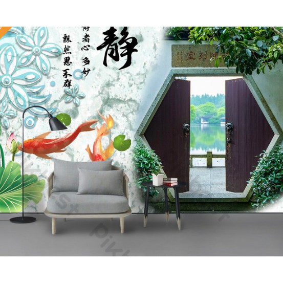 Tranh dán tường Tranh hoa mẫu đơn và đàn cá chép vui vẻ, tranh dán tường 3d hiện đại (tích hợp sẵn keo) MS992587