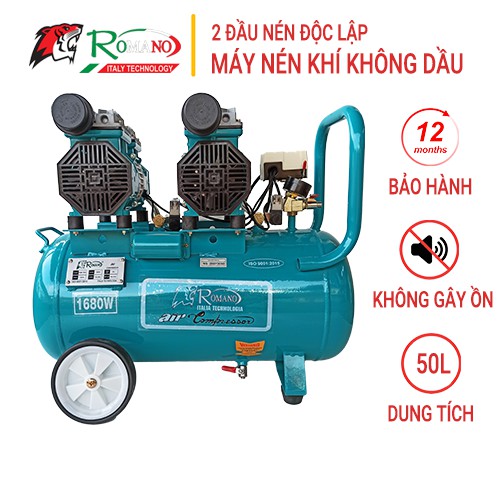 Máy nén khí không dầu Romano RM750/50, Bình 50L, Hai đầu nén độc lập, Công suất 1680W, Bảo hành 12 tháng