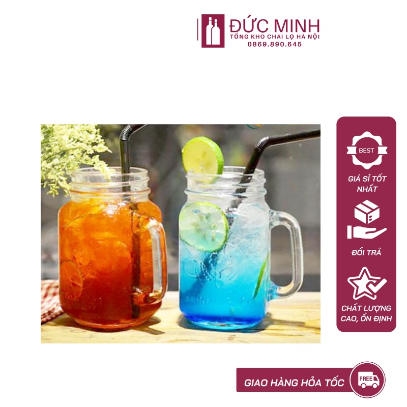 Cốc/ ly thủy tinh có quai 450ml nắp nhôm đựng nước, sinh tố [Giá Sỉ/lẻ]