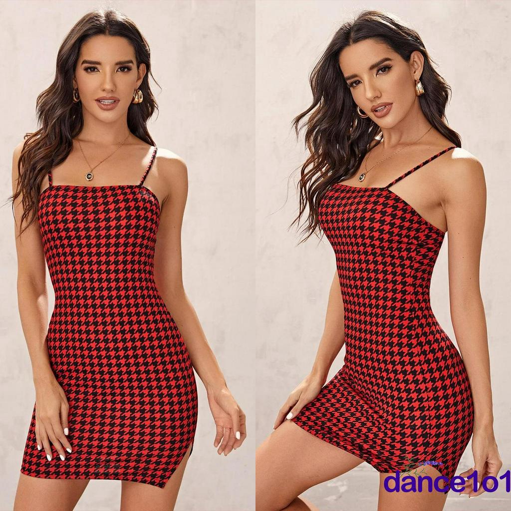 Đầm Dây Nữ Ca Rô Cộc Tay Bó Sát Quyến Rũ