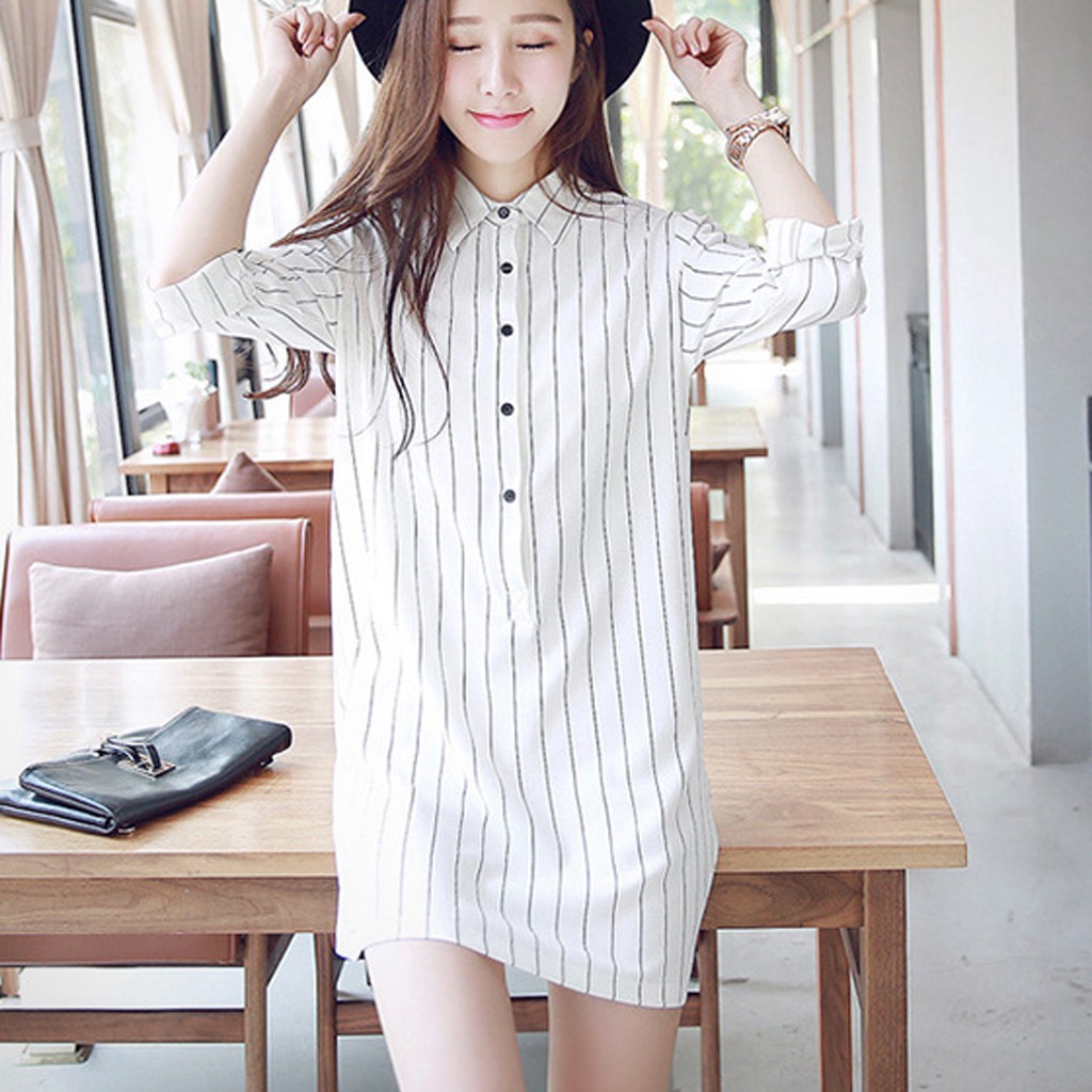 Đầm sơ mi dài tay họa tiết kẻ sọc thanh lịch dành cho nữ size S-XXL | BigBuy360 - bigbuy360.vn