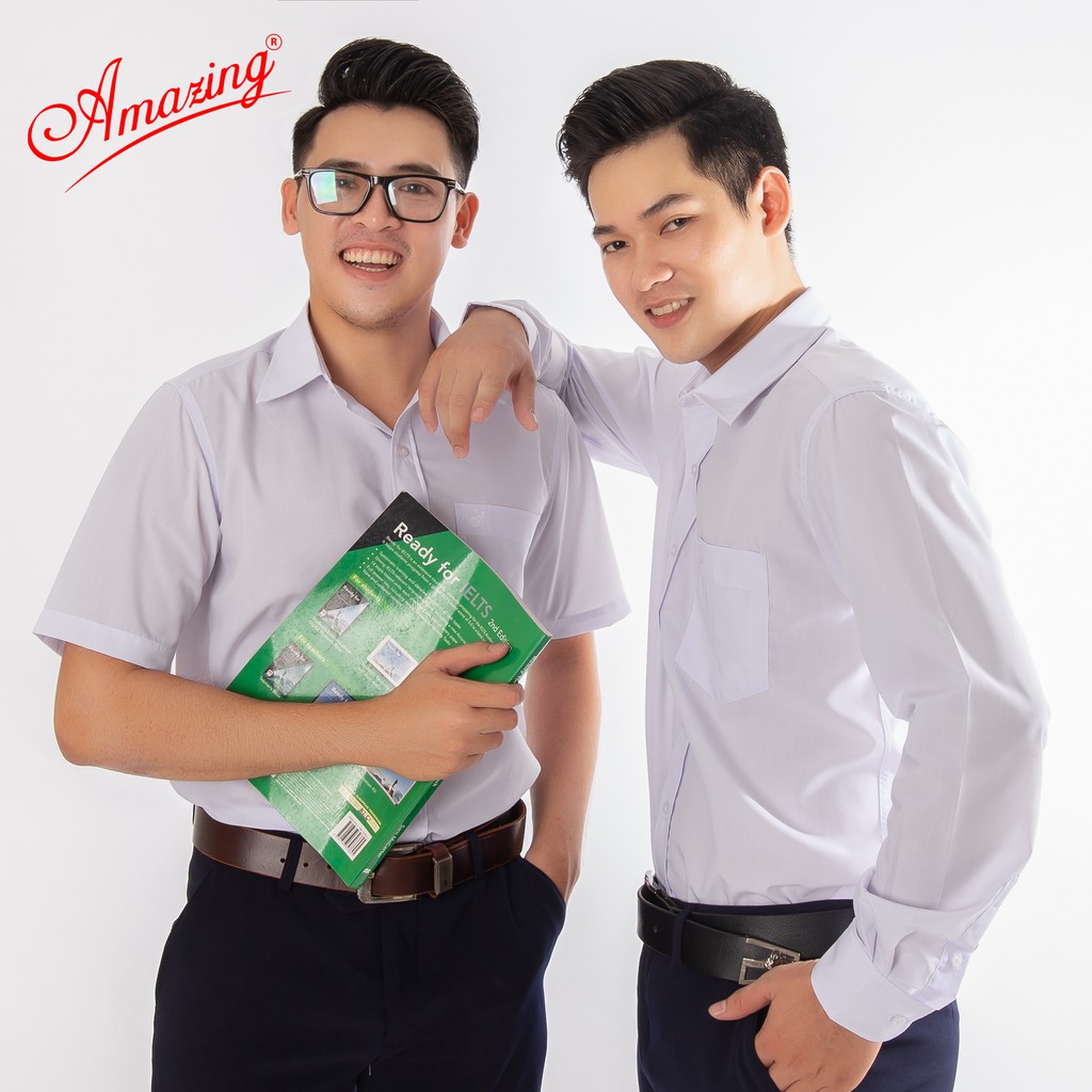 Áo somi nam trắng dài tay Amazing, đồng phục học sinh, form rộng công sở, big size từ 45-100kg, vải KT silk mềm mát