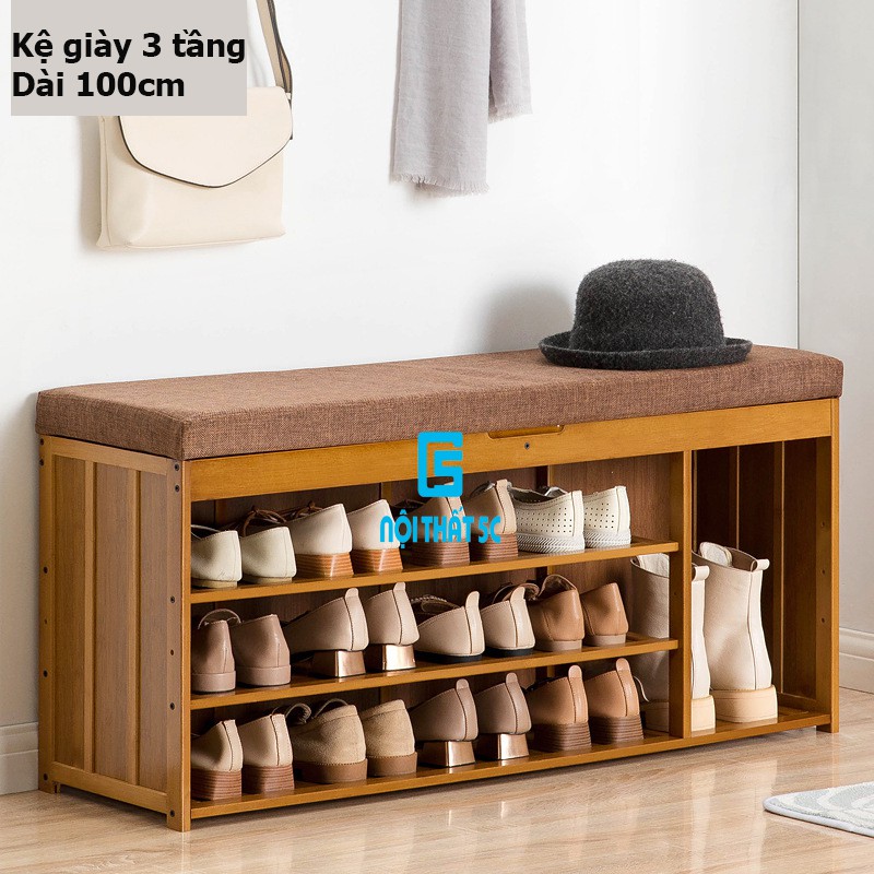 Kệ để giày dép có ghế ngồi bằng gỗ tre