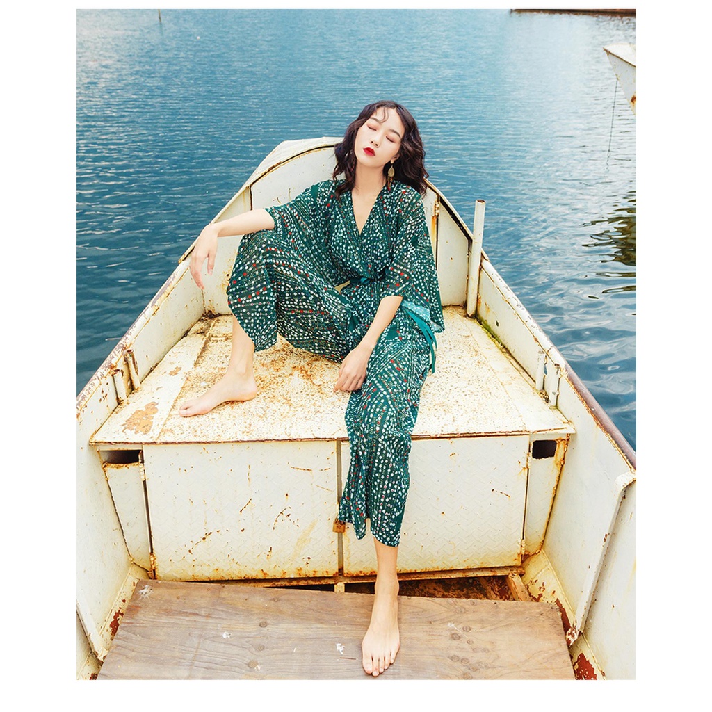 2021 Women Jumpsuit Seaside Vacation Beach Pants Floral V-neck Chiffon Jumpsuit Female High-waist Nine-point Wide-leg Pants