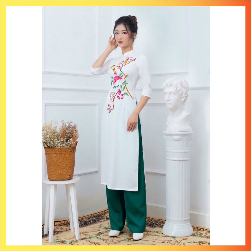ÁO DÀI LỤA TÂY THI THÊU HOA ĐÀO, ÁO DÀI CÁCH TÂN ĐẸP