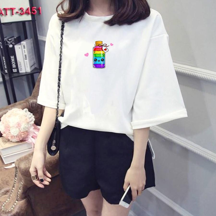 Áo thun nữ tay lỡ Hàn Quốc form rộng in hình bình nước nhiều màu sắc vài dày mịn TEEWOTL34
