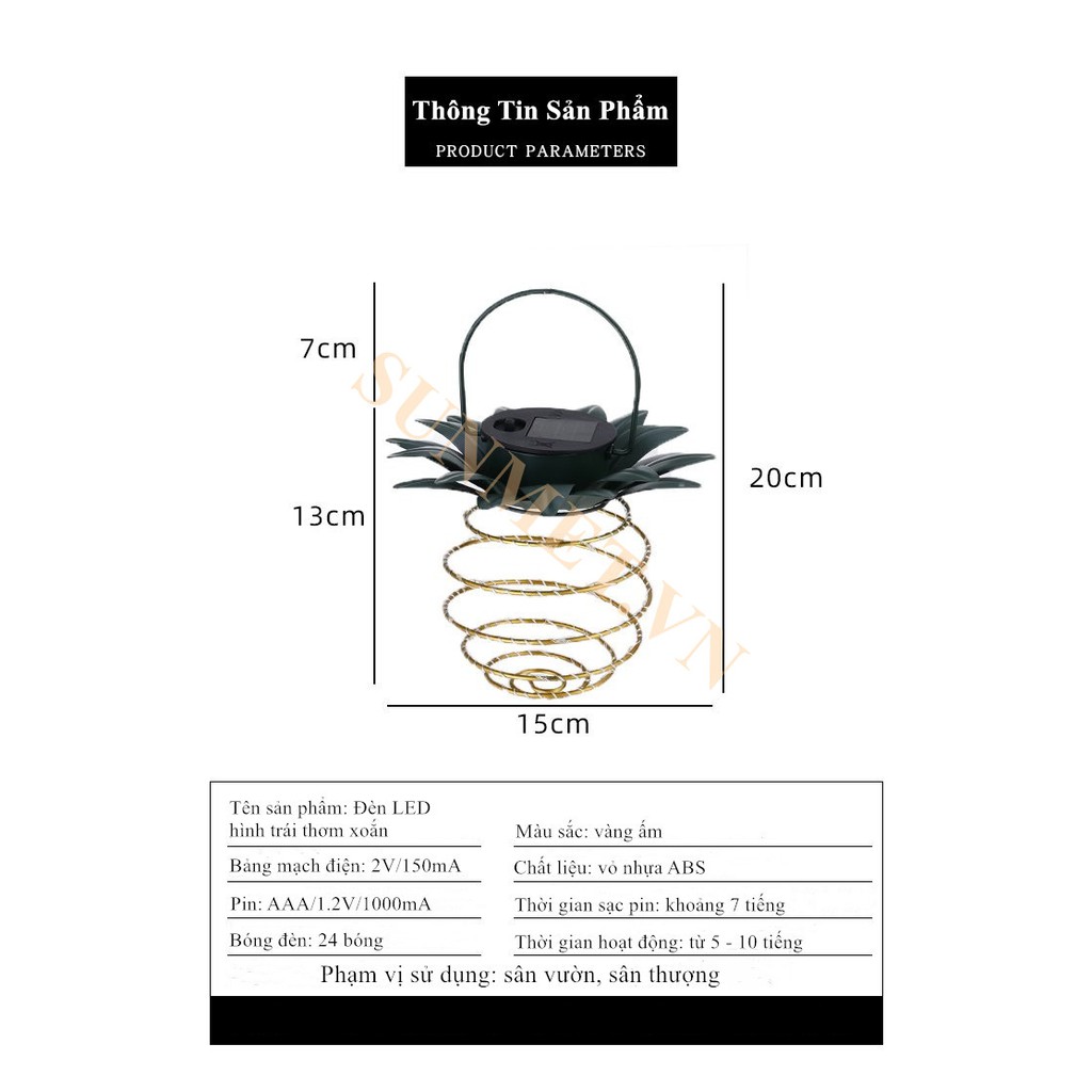 Đèn Led Hình Trái Thơm Xoắn Màu Vàng Ấm Sử Dụng Năng Lượng Mặt Trời Không Tốn Điện,đèn led ngoài trời Su