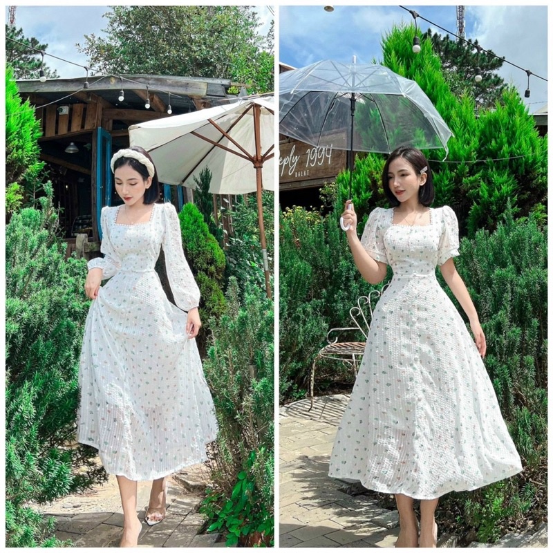 ĐẦM REN BI TRẮNG NỀN HOA CỔ VUÔNG NÚT BỌC 🍂 (tay ngắn & tay dài)