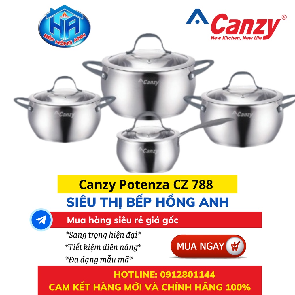 Bộ Nồi Bếp Từ Canzy Potenza CZ 788 Made In Vietnam - Bộ Inox 4 Món Cao Cấp Đa Năng - Hàng Chính Hãng