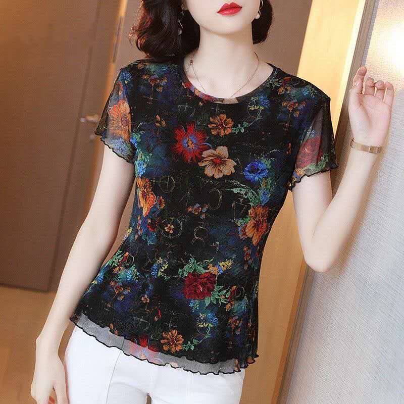 Áo Thun Dệt Kim Tay Ngắn Cổ Tròn Phối Ren Lưới Co Giãn Thời Trang Mùa Hè Cho Nữ Size L-5Xl 2 Kiểu