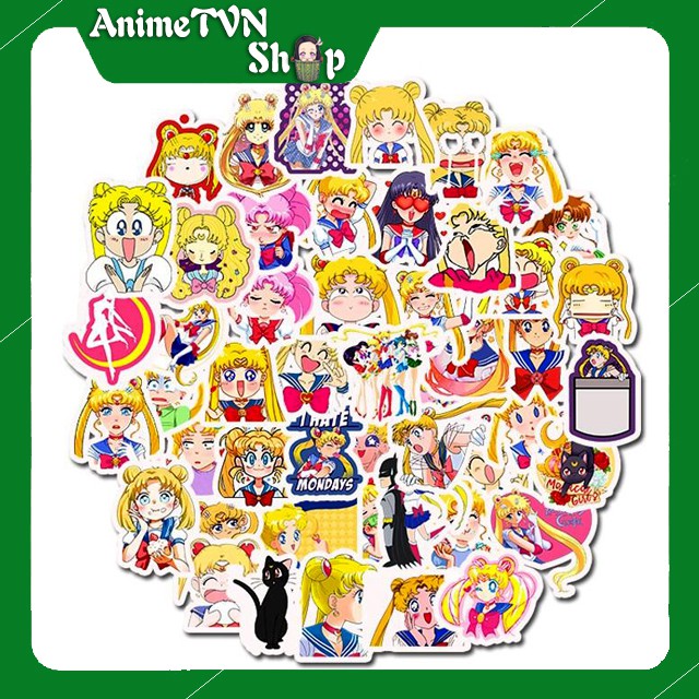 Miếng dán Sticker anime Sailor Moon (Thuỷ thủ mặt trăng) trọn bộ 50 hình - In rõ ràng sắc nét khó tróc