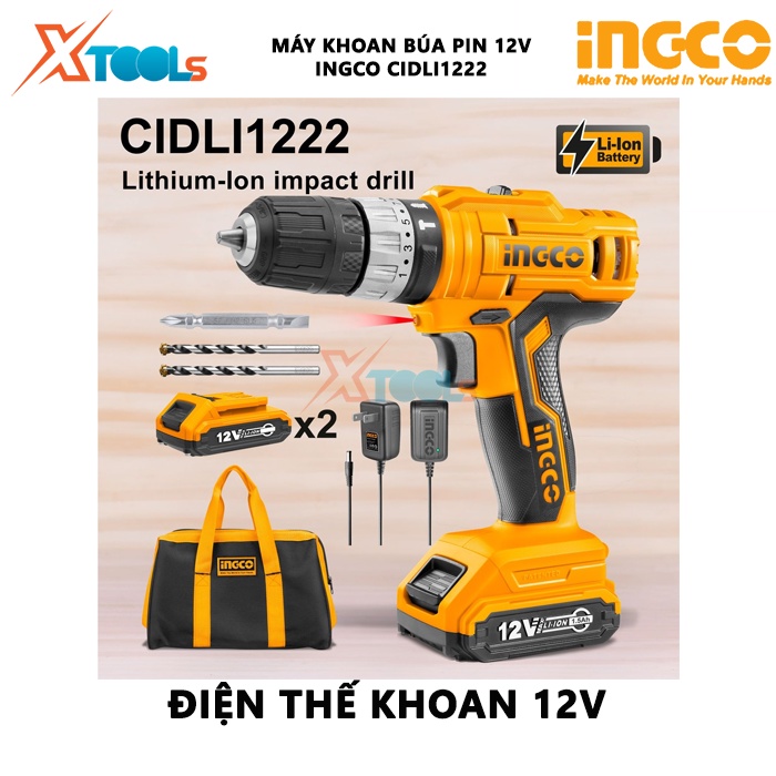 Máy khoan búa dùng pin cầm tay 12V 10mm Ingco CIDLI1222 tốc độ 1350rpm, nhông 2 tốc độ, kèm theo 2 pin 2ah, 1 sạc, điện