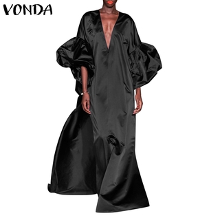 Đầm Maxi VONDA Dài Tay Ống Loe Cổ Chữ V Màu Trơn Đơn Giản Dành Cho Nữ