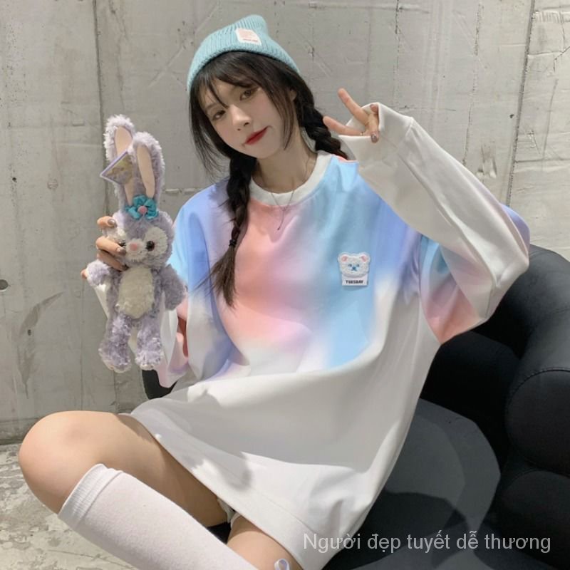 Áo sweater mỏng dáng rộng dài tay nhuộm màu gradient thời trang cho nữ